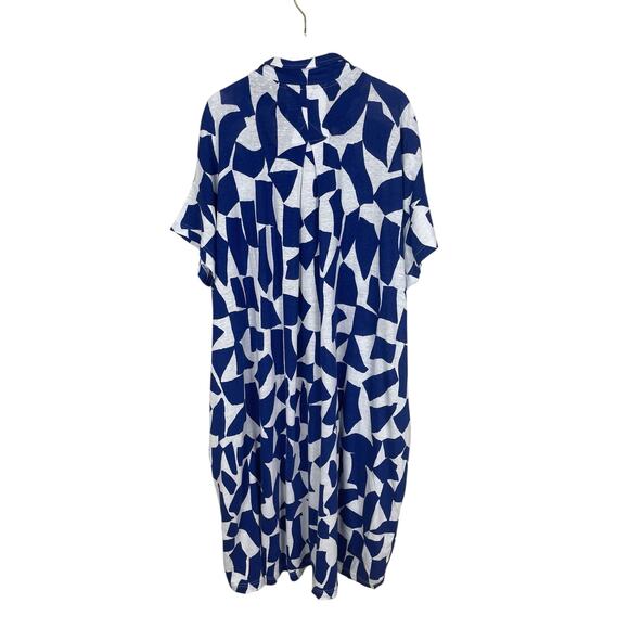 Poetry Linen Cotton Geometric Shift Dress Art To Wear Lagenlook Blue White US 16 - Picture 3 of 15